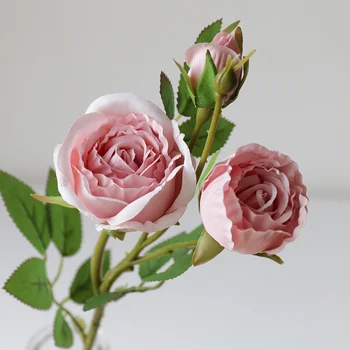 2 Hoveder, 1 Knop Silke Roser, Kunstige Blomster Brudens Buket Rigtige Touch Falske Rose Vintage Hjem Tabel Bryllup Dekoration Centerpiece