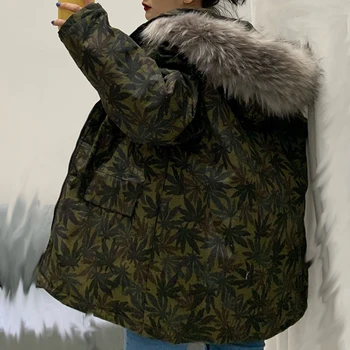 2019Winter parka kvinder polstret lang løs outwear hætteklædte pels krave tykke varme jakker ahorn blade, sne oversize frakke streetwear
