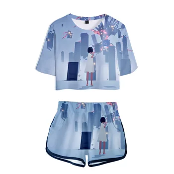 2020 3D Nogensinde Sende To delt Sæt Kort Afgrøde Top + Shorts Sved Passer til Kvinder Træningsdragt To Stykke Tøj Sommer Sæt