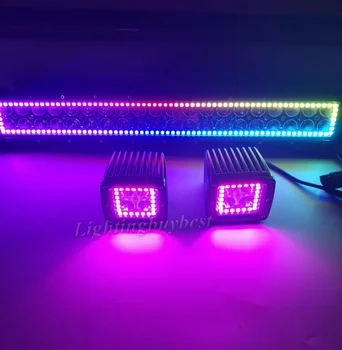 22inch 120W Led Lys Bar + 2x 3inch Cube bælg led-arbejdslampe med RGB-Halo-Ring Farve Skiftende Jagter Flash RF fjernbetjening