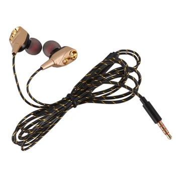3,5 mm HiFi Kabel Hovedtelefon Dual-Dynamisk Quad-core Højttaler In-ear-øretelefoner, Fleksibelt Kabel, Anti-wrap med HD-Mikrofon(Guld)