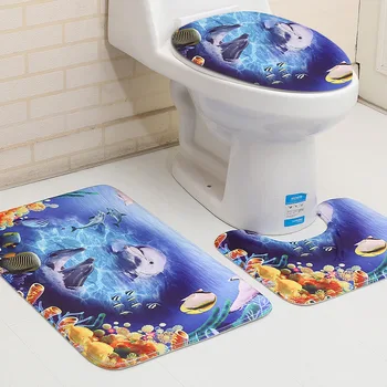 3D Undersøiske Verden Trykt 3stk bademåtte Badekar Tæppe Låg Toilet Cover Sæt Toilet Tæppe Anti Slip Badeværelse Bad Tæpper gulvmåtter