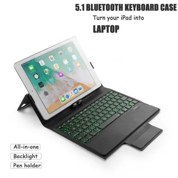 5.1 Bluetooth-Tastatur Wirless for nye iPad /iPad pro/Air 1/ Luft 2 ,Alle I Et Læder etui + 7 Farve-Baggrundsbelyst+ Ultra Tyndt Design