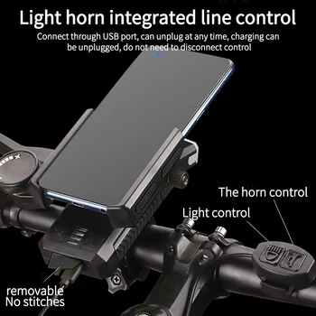 5-I-1 LED Cykel Lys Foran USB-Genopladelige Forlygte Ultralet Mountainbike Tre Tilstande Lommelygte Med Horn Telefonen Stå