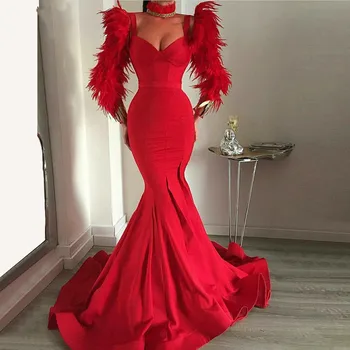 African Red Havfrue Aften Kjoler Med Fjer, Lange Ærmer Prom Kjole, Lange Satin robe de soiree Dubai festkjoler