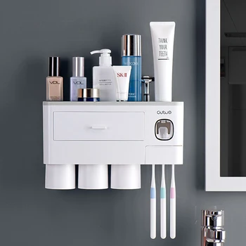 Automatisk Tandpasta Squeezer Vægbeslag Dispenser Badeværelse Opbevaring Tilbehør Sæt Tandbørsteholder Tandpasta Dispenser
