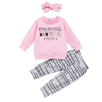 Baby Børn Piger Outfits Tøj Nyfødte Spædbarn Baby Pige Brev Print T-shirt Stripe Bukser Hårbånd, Tøj, Udstyr HOOLER
