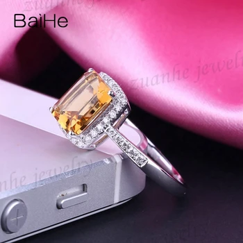 BAIHE 5x7mm Emerald Citrin Ring Naturlige Diamant Massivt 14k Hvid Guld Engagement Bryllup Band Ring
