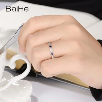 BAIHE Massivt 14K White Gold 0.17 ct H/SI Runde Naturlige Diamanter, Safirer/Rubys Fine Smykker Bryllup Gave Trendy enkel Ring