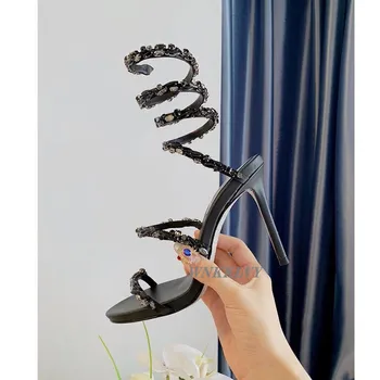 Bling bling sommer Sandaler til kvinder slange crystal crossover høje hæle fe sko party bryllup sandalias gladiator 2020