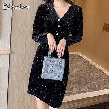 Bloomforu Mode Fransk Stil Foråret Efteråret Kvinder Casual Polka Dot Print A-Linje Part Velour Kjoler Black Elegant Slank Kjole