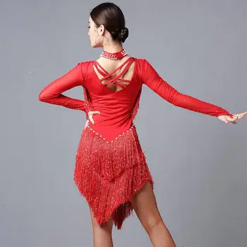 Brand Hot Salg Nye Damer Mode Latin Dance Kostumer Kvindelige Voksen Konkurrence I Efteråret Og Vinteren, Langærmet Kjole Med Frynser