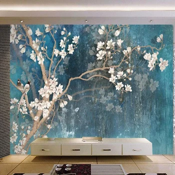 Brugerdefinerede 3D vægmaleri retro tapet hånd-malet magnolia baggrund væggen retro blå elegante olie maleri dekorative vægmaleri tapet