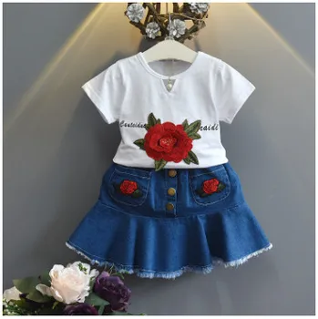 Børn 2020 Sommer Baby Piger Tøj Sæt Bomuld kortærmet Blomst T-shirt+ Denim Nederdele til Børn Piger Tøj 2-9 år