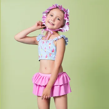 Børn, der Svømmer Passer til To stykker Badedragt Med Skørt Pink Badetøj Baby Piger Badning Suit Light Blue Print Flæsekanter Badedragt