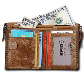 Crazy horse koskind mænds tegnebog RFID anti-tyveri børstet læder korte mænds tegnebog i tegnebog, dobbelt lynlås mønt pung