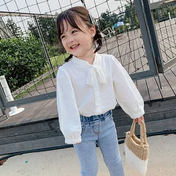 DFXD Børn Buksetrold Piger Hvid Casual Skjorte koreanske Foråret fødselsdagsfest Bluse med Lange Ærmer Bue Prinsesse Elegante Bunden Shirts