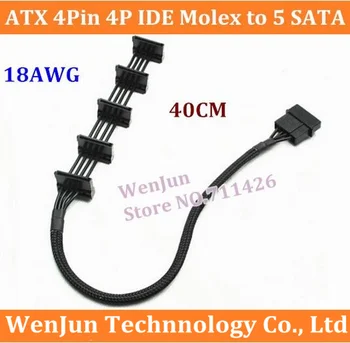 DHL, EMS-Gratis Fragt 40cm ATX 4Pin 4P IDE Molex til 5 SATA-Serial ATA Power Supply Kabel Ledning 18AWG Wire på 15,7 tommer PC-DIY