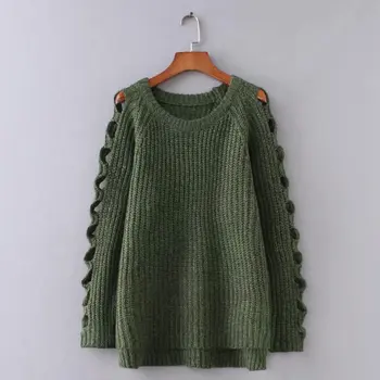 Efterår og Vinter Kvinder O-hals Hule Sweater Damer langærmet Smart Sweater Kvindelige Løs Tyk Trøje Til Kvinder