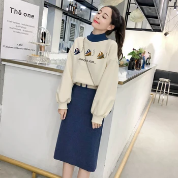 Efterår Og Vinter Kvinder Passer Koreansk Mode Fortykkelse Af Uld, Fleece Hættetrøjer Top Strikke Halv Længde Nederdel To-Delt Sæt Tøj