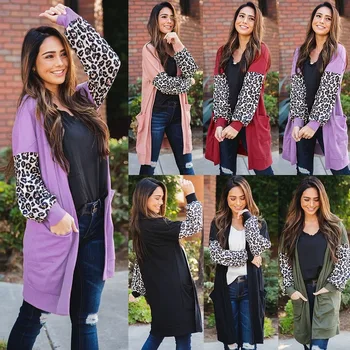 Efterår og Vinter Trøjer, Lange Ærmer Strikket Mid-Længde Sweater Slank Street Trendy og Casual Kvinders Leopard Sweater Kvinder Sort