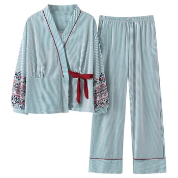 Efteråret Nye Pyjamas Kvinder Pige Pyjamas Sæt Sød Stribet Print Japanske Kimonoer Til Kvinder Plus Størrelse 3XL Bomuld Yukata