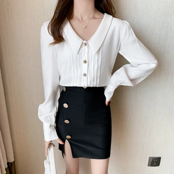 Elegant Vintage Polo Krave, Hvide Kvinder Shirts Efteråret Nye Langærmet Koreansk Stil Office Lady Kvinder Bluser Ropa De Mujer 10576
