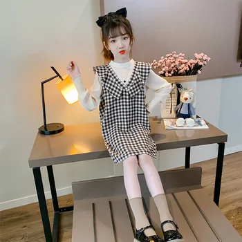 Fashion girl efteråret kjole koreansk pige princess dress langærmet top + ærmeløs ternet kjole to-stykke pige børnetøj
