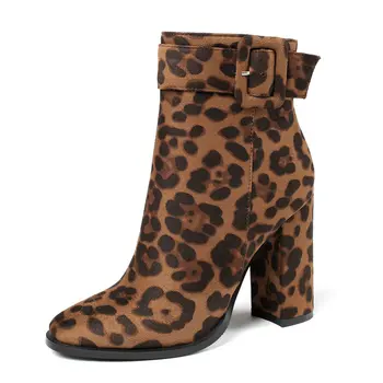 Faux Leopard Spænde Ankel Støvler Kvinde Fashion Tyk høj Hæl Korte Støvler 2020 Rund Tå Mærke Vinteren damer, Støvler størrelse 41 42 43