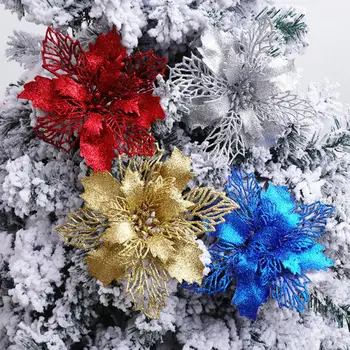 Glædelig Jul Dekoration Glitter Kunstige Blomster Xmas Tree Ornamenter Bloom Dekorationer, Bryllup Part Nye År PartySupplies