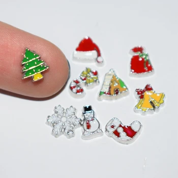 Glædelig Jul Snemand Træ Bell Hat Candy Red Pakke Hus Blandet Flydende Charms DIY Medaljon Tilbehør til smykkefremstilling