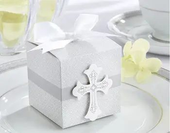 Gratis Forsendelse Kreative silver Cross Square Bryllup Fordel Kasser Bryllup Candy Box Bryllup Favoriserer Og Gaver