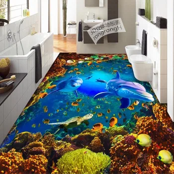 Gratis Forsendelse Underwater World Dolphin Coral 3D-gulvtæppe maleri slid skridsikker vandtæt soveværelse pladsen badeværelse gulv vægmaleri