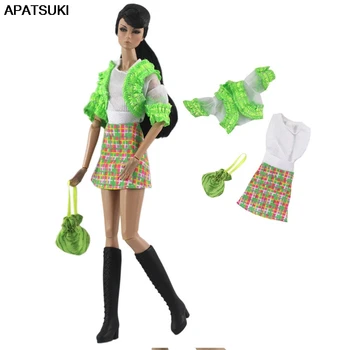 Grøn Mode Dukke Tøj til Barbie Dukke Tøj Farverige Plaided Kjole Taske Pung 11.5