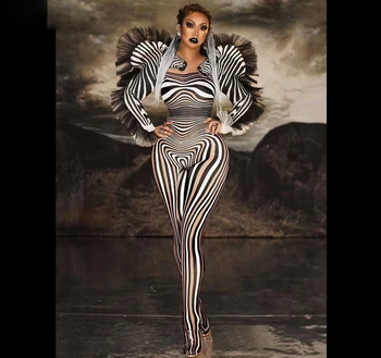 Halloween Kvinder Natklub rollespil Kostume Zebra mønster Buksedragt Strække Trikot Jumpsuits Cosplay Costume Party Show Bære