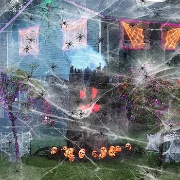 Halloween Spider Web-Dekorationer med 60 Plast Falske Spider Part Forsyninger Scene Rekvisitter Indendørs Udendørs Dekorationer