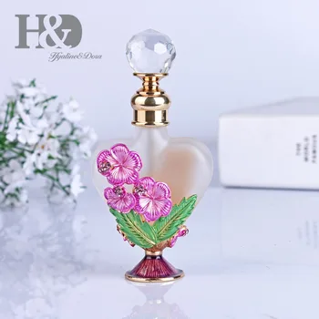 H&D 10ml Vintage Tomme Glas Parfume Flaske w/blomsterdekorationer,og Genopfyldning Parfume Flaske med krystalkugle Prop