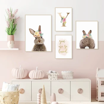 HomeDecoration Kawaii Hale Bunny Indledende Brev Brugerdefinerede Pink Blomst Lærred Maleri Pige Børnehave Væg Kunst Plakat Print Kids Room