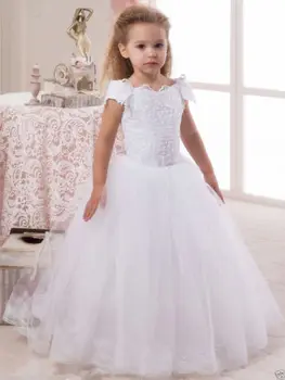 Hvid Elfenben Satin Blomst Pige kjoler Fødselsdag Festspil Prom Prinsesse Dans Kjole Festspil kjole Første Altergang Kjoler