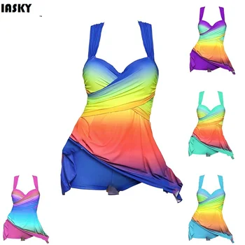 IASKY 2018 Nye Gradient farverig Plus Size Badetøj sexede kvinder, Tankini sæt Badetøj, Kjole badetøj To Stykke, der passer S-5XL