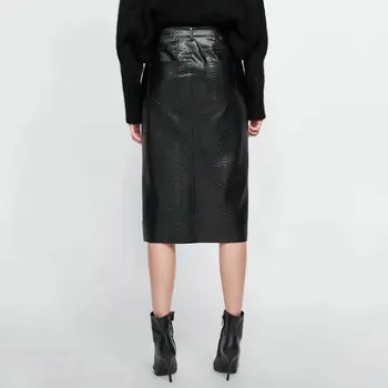 Imiteret Læder PU Dame Nederdele med Høj Talje Split Mid-Kalv Sort Streetwear 2020 Nye Mode Kvinder Hot Blyant Falske Krokodille Mønster