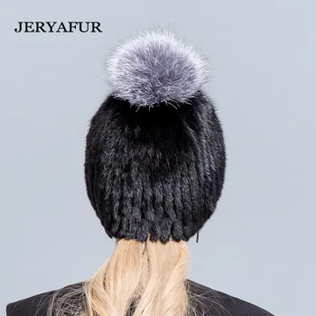 JERYAFUR Mink Pels Mode Pels Hat Silver Fox Fur Bolden Strikket Cover Hat Vinter Kvinders Rejse Ski Hat Strikket Indre Galde Pels HAT