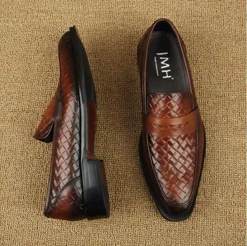 Kjole sko mænd slip på spidse snuder smart casual oxfords ægte læder håndlavet strik sommeren mokkasiner lejligheder loafers