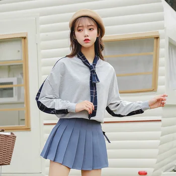 Koreanere Smarte Plaid Patchwork Uafgjort Krave Kvinder Pullover Sweatshirt Efteråret Casual Batwing Ærme Løs Kvindelige Sweatshirts Og Hættetrøjer