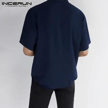 Korte Ærmer V-Hals Bluse Mandlige Løs Mærke Shirts INCERUN Vintage Mænd Skjorter, Casual Solid Farve Multi Lommer Camisa Plus Størrelse