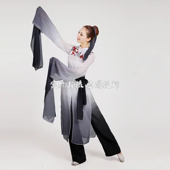 Kvinde Gradient blæk vand ærmer kostumer Kinesisk Klassisk dans tøj Blomme tårer broderi Hanfu gamle fe sæt