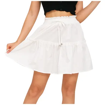 Kvinder Casual Fashion Sød Ensfarvet Nederdel Med Høj Talje Lace-Up Fold Trykken Frenulum A-Line Mini Korte Nederdele Faldas