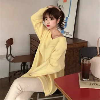 Kvinder Casual Trøjer 2020 koreansk Stil Vintage V-hals Strik langærmet Løs Lace-up Sweater Bunden Casual Pullovere 5A089