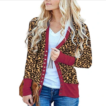 Kvinder Leopard Print langærmet Cardigan med V-Hals-Knappen Nede Strikket Sweater Frakke BX0B
