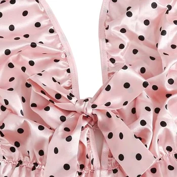 Kvinder, Sexet Lingeri med Bue-knude Dekoration Polka Dot Print Backless Dyb V-hals Forbinding Sovende Buksedragt